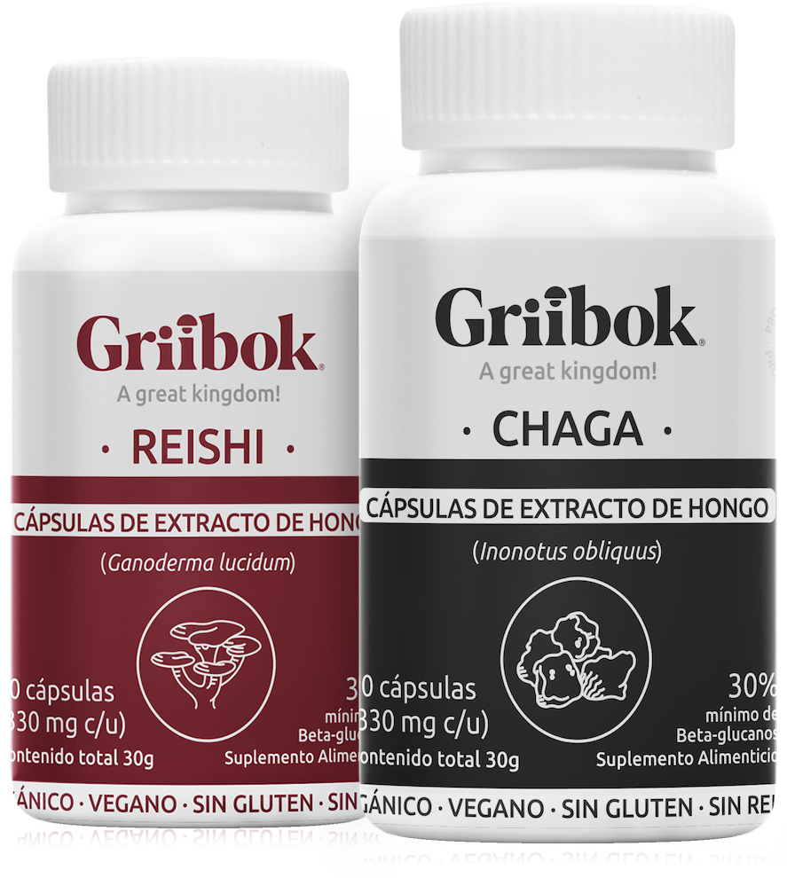 Bundle de 2 frascos; reishi y chaga, para rejuvenecimiento.
